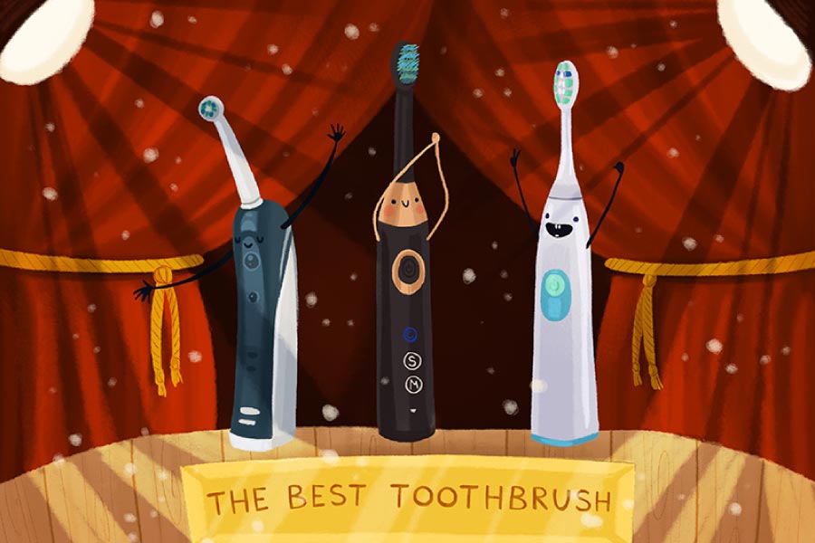 3 cartoon electric toothbrushes on a stage competing for "best toothbrush".