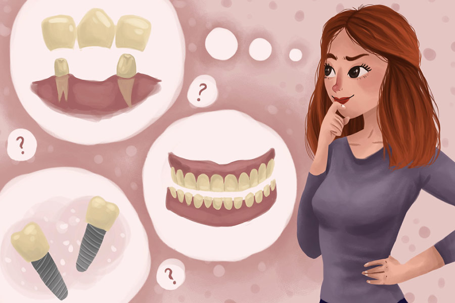 A cartoon woman with thought bubbles helping her decide between a dental bridge and a dental implant.