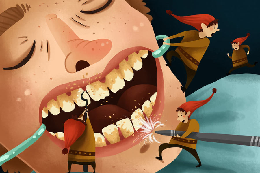 Cartoon showing little elves helping with a deep teeth cleaning.