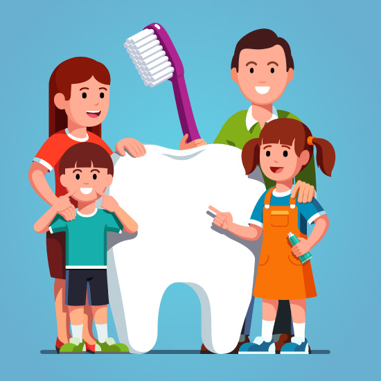 Cartoon of a family of four standing next to an oversized tooth and toothbrush.
