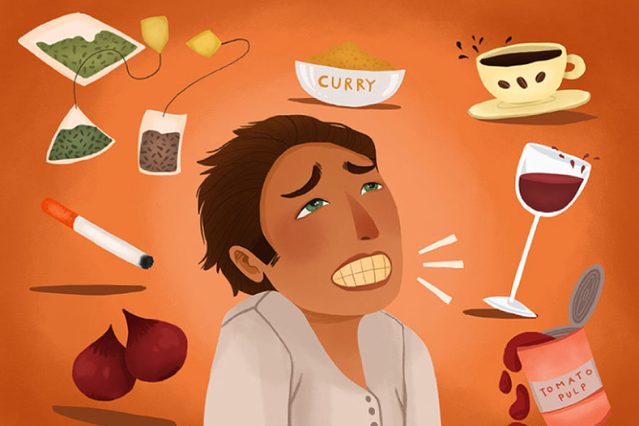 Cartoon of a man surrounded by foods that can stain your teeth