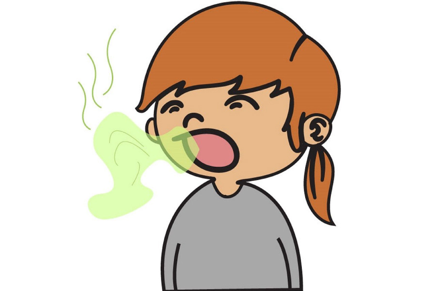 Cartoon of a girl with green breath coming out of her mouth.