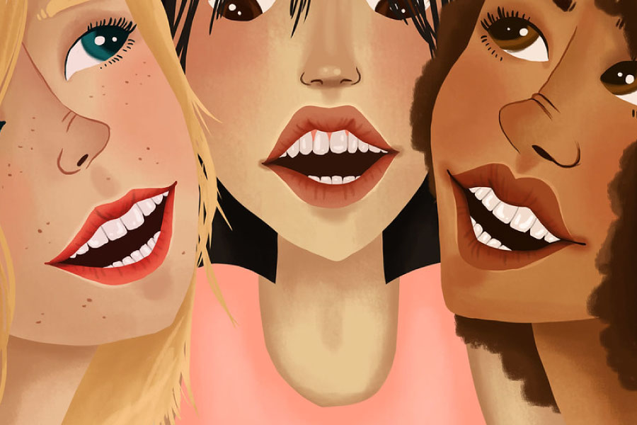 Three smiling cartoon women with porcelain dental veneers.