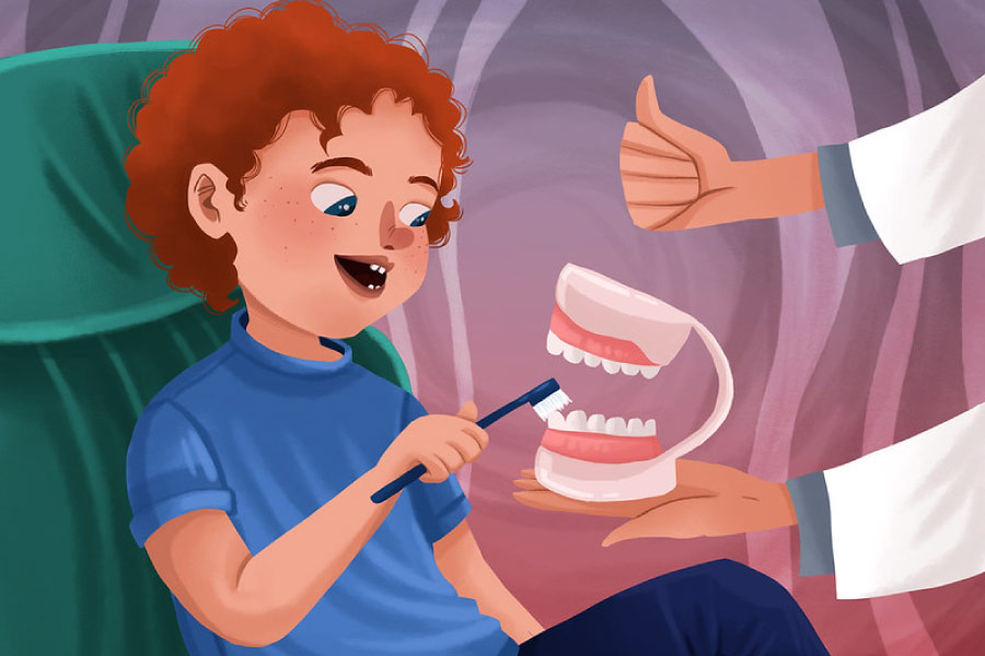 Cartoon of a child learning to brush his teeth at the dentist.