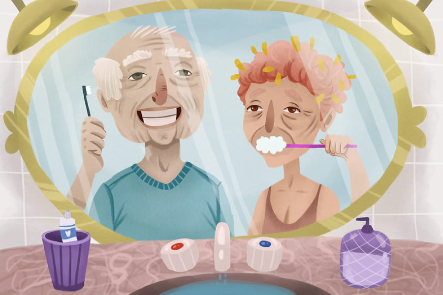 Cartoon of an elderly couple brushing their teeth in front of the mirror.
